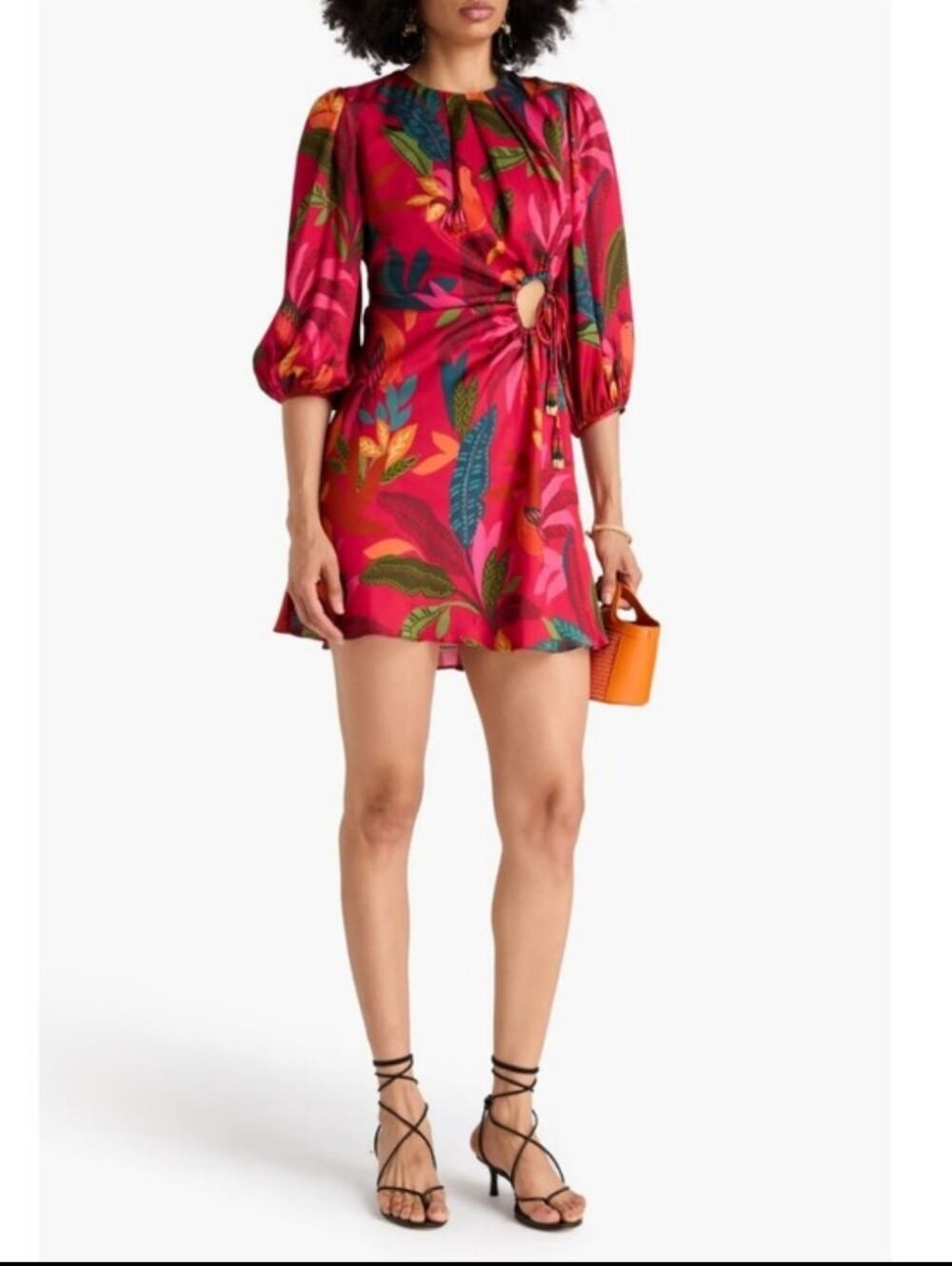 FARM Rio Red Rooster Leaves Cut Out Satin Dress Long Sleeve Mini Size L